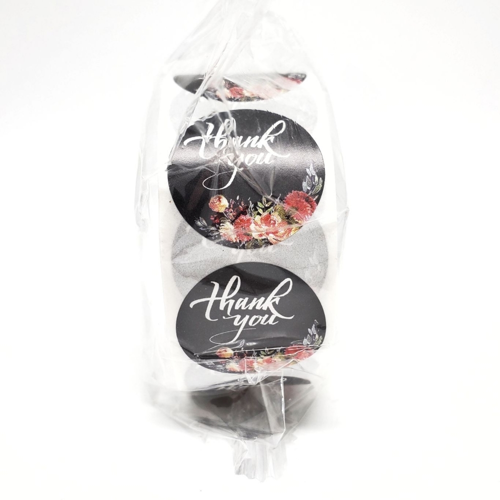 1 inch Black Floral Thank You Sticker Roll (500 stickers)